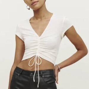Reformation Mariam Short Sleeve Top Cream Women’s XS Ruched Tie Cropped